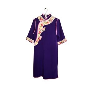 Purple Mandarin Collar Embroidered Cheongsam Inspired Statement Dress Lined